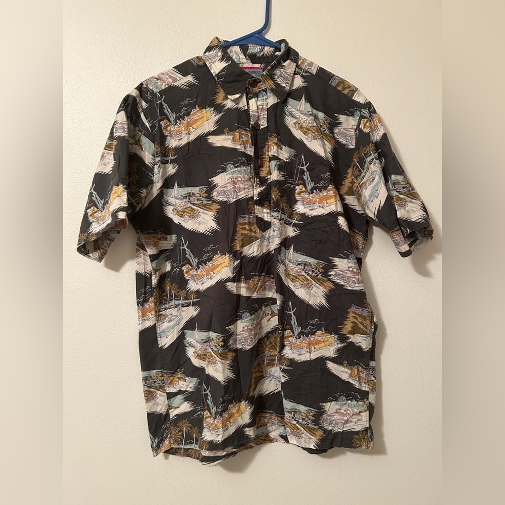Reyn Spooner Shirt Mens Medium Gray Car‎ Cars Button Up Hawaiian Camp Popover